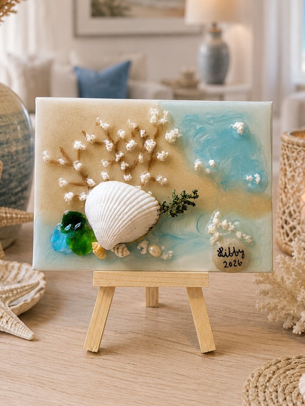 564 Coastal Mixed Media Canvas with Tan Whote Blue Green  Florals Shells Resin